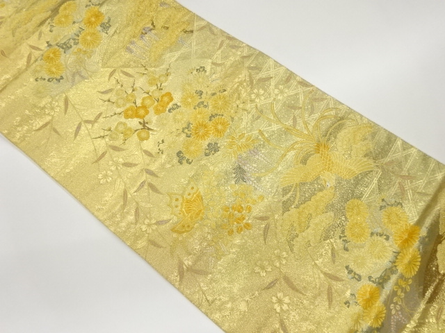 地紙に松竹梅・蝶・鳳凰模様織出し袋帯